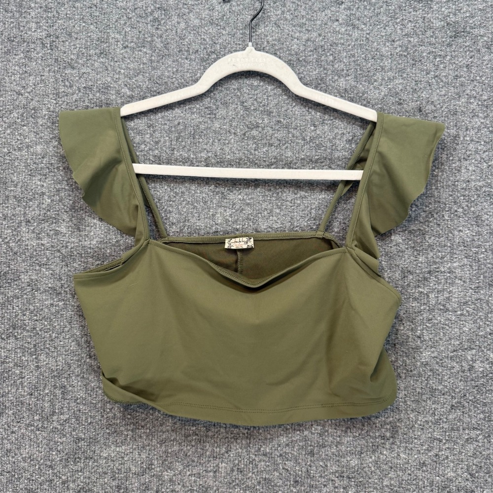 Free People Crop Top Women Large Olive Green Ruffle Shoulder Square Neck Boho